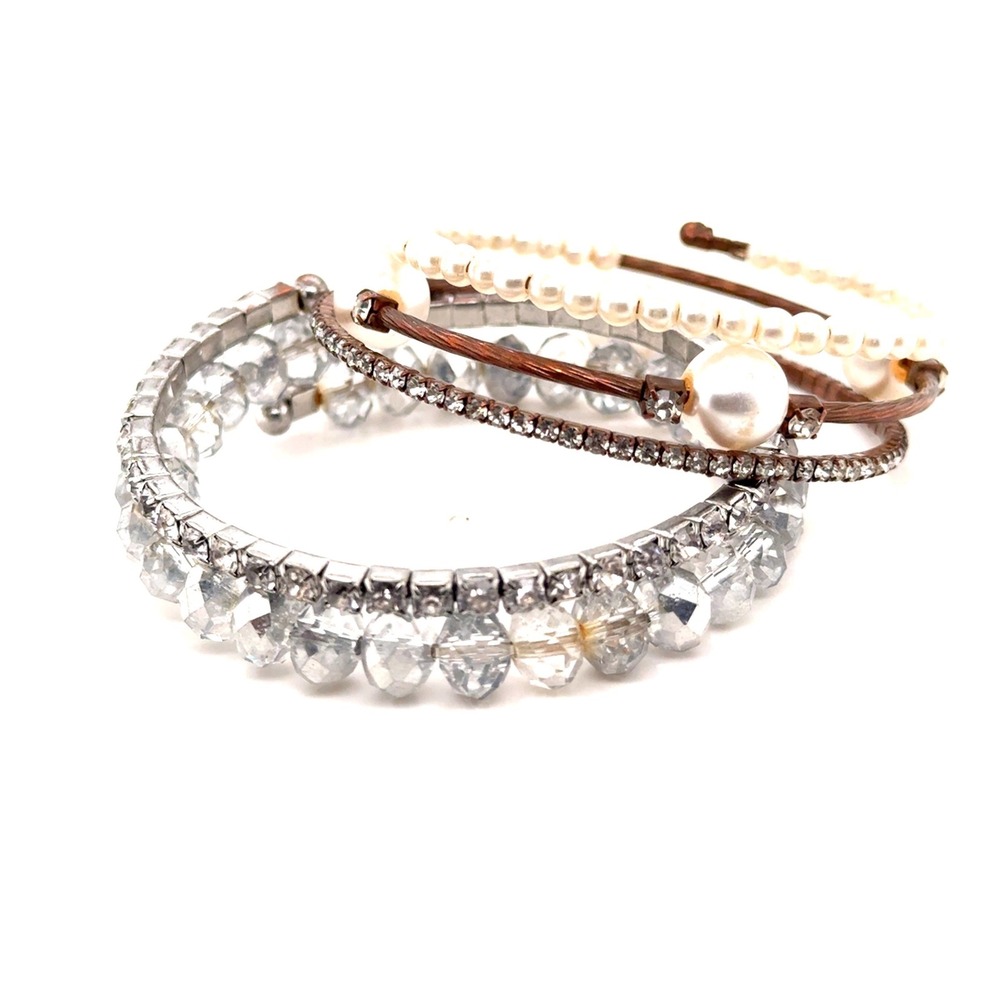 Faux Pearl Rhinestone Beaded Wrap Coil Bracelet Set Gold Silver Tone Glam 2pc
